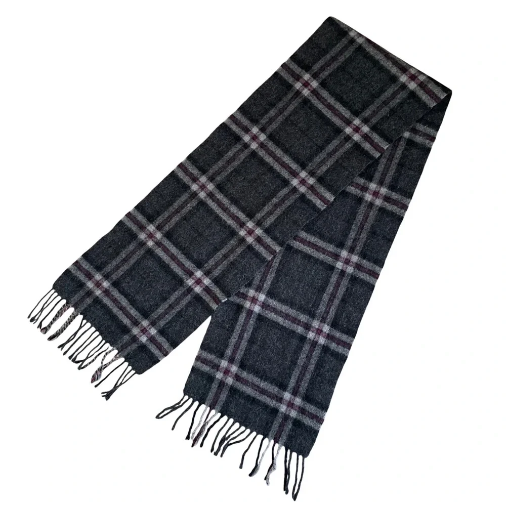 Ballantrae Edinburgh 100% Lambswool Plaid Gray Purple Scarf Fringe Luxury 60x10